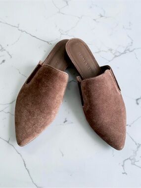 JENNI KAYNE Suede Mules Saddle Brown Slip on Pointy Toe Quiet Luxury Espresso 7